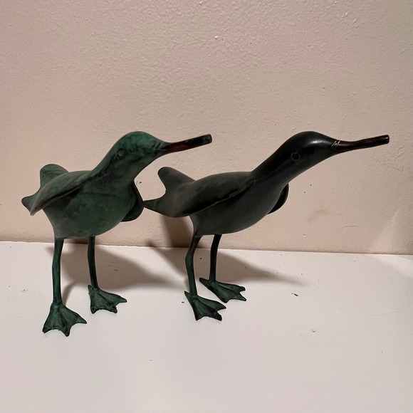 Unbranded Other - Vintage Pair Bronze Shorebird Figurines Green Verdigris Patina Coastal Decor MCM